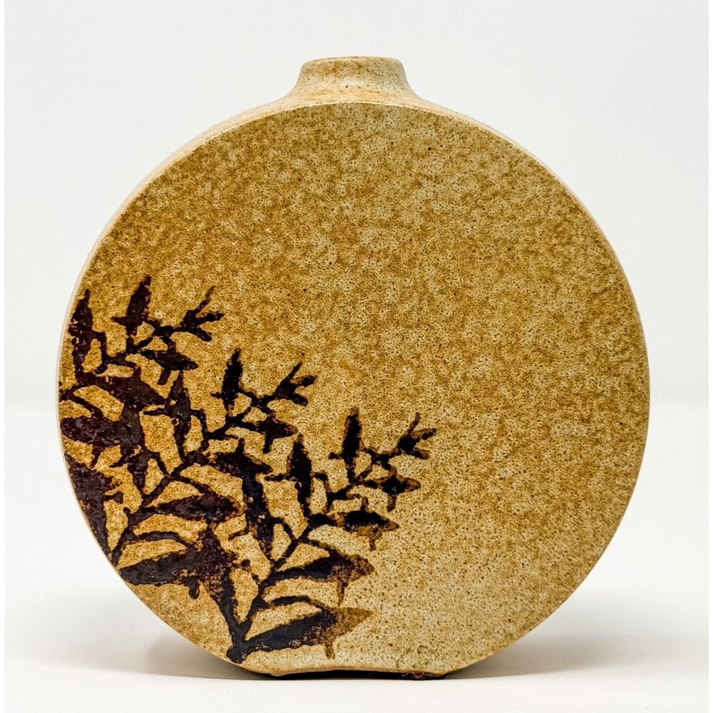 MCM Stoneware Bud Vase Flat Round Disc Shape USA Foliage Design